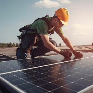 Un tecnico sta installando dei pannelli fotovoltaici su un tetto in una giornata di sole, indossando le dovute protezioni, tra cui casco e imbragatura