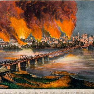 Litografia a colori che mostra la caduta e l'incendio di Richmond, in Virginia, la notte del 2 aprile 1865, durante la Guerra Civile Americana