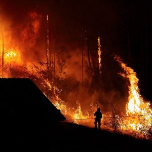 Scena notturna di un incendio boschivo. Si vede la sagoma di un vigile del fuoco davanti alle fiamme