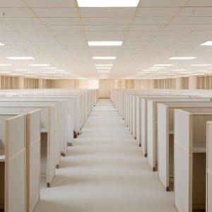 Una stanza con file di cubicles in un edificio per uffici. I cubicles sono disposti in modo regolare, formando una griglia. I cubicles sono realizzati in legno e hanno una forma quadrata. I cubicles sono vuoti, senza mobili o oggetti