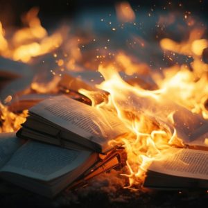 Immagine creata con l'AI di libri che prendono fuoco