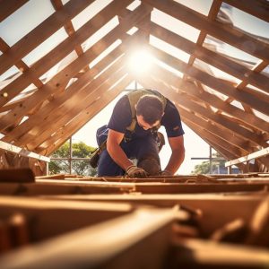 Un operaio sta lavorando, con il sole alle spalle, sulla struttura in legno di un tetto di un edificio