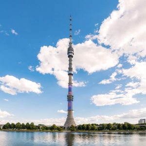 Vista da lontano della torre di Ostankino, a Mosca, che si staglia sul panorama cittadino e si riflette sull'acqua in una giornata col cielo azzurro e alcune nuvole bianche