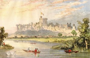 Acquerello d'epoca che mostra il castello di Windsor visto dal Tamigi, con alcune barche sul fiume